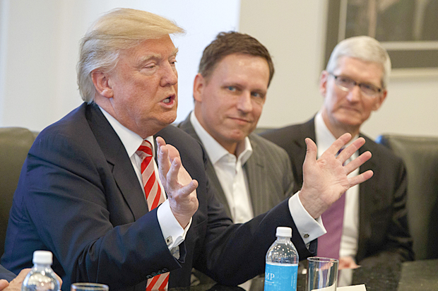Donald Trump; PayPal founder Peter Thiel; Apple CEO Tim Cook (AP/Evan Vucci)