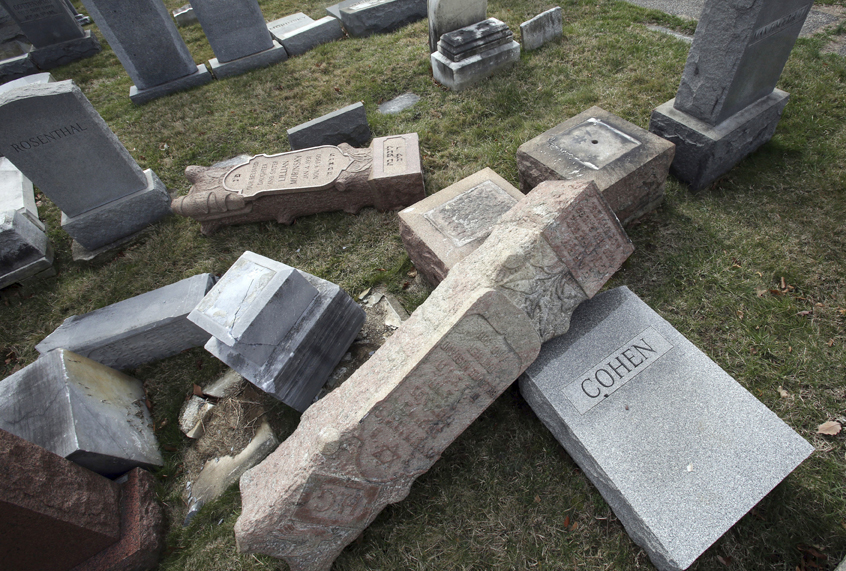 Toppled and damaged headstones at Mount Carmel Cemetery in Philadelphia, Feb. 27, 2017. (AP/Jacqueline Larma)