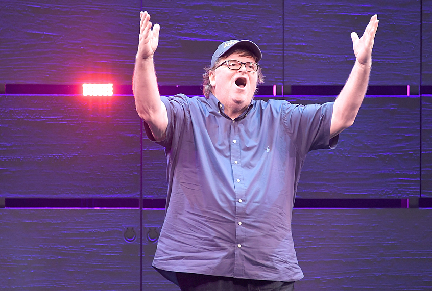 Michael Moore during "The Terms Of My Surrender" (Getty/Mike Coppola)