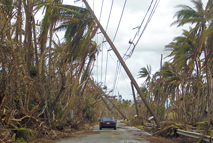 A car drives under tilted power line poles in the aftermath of Hurricane Maria in Humacao, Puerto Rico. (Getty/Ricardo Arduengo)