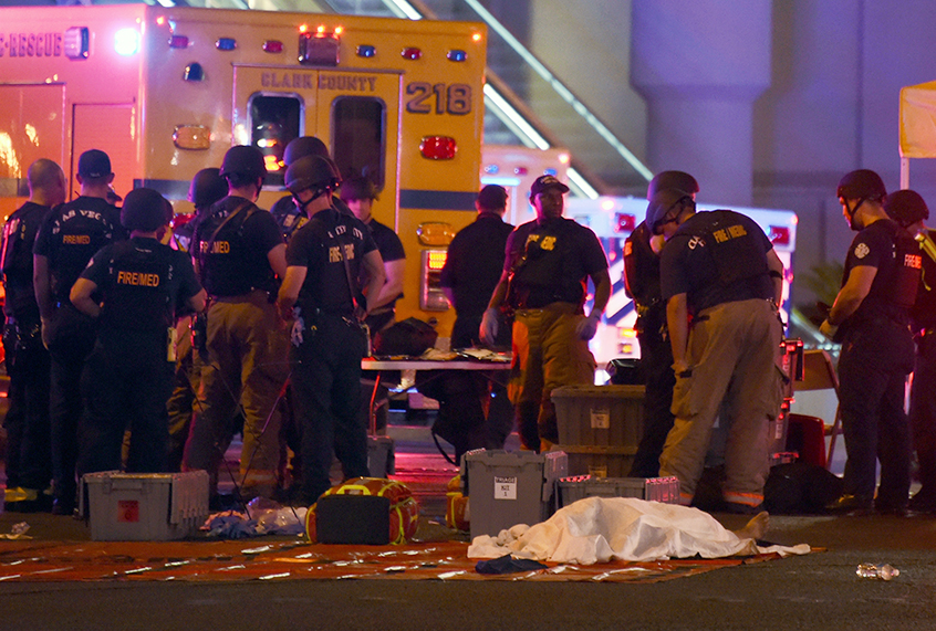 Fire and rescue personnel gather after a mass shooting at a country music festival on October 1, 2017 in Las Vegas, Nevada. (Getty/Ethan Miller)