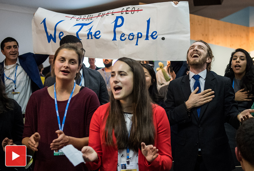 People disturb an event titled: "The Role of Cleaner and More Efficient Fossil Fuels and Nuclear Power in Climate Mitigation" with friendly singing at the COP 23 United Nations Climate Change Conference on November 13, 2017 in Bonn, Germany. (Getty/Lukas Schulze)