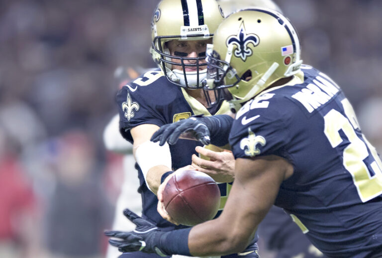 Drew Brees #9 and Mark Ingram II #22 of the New Orleans Saints (Getty/Wesley Hitt)