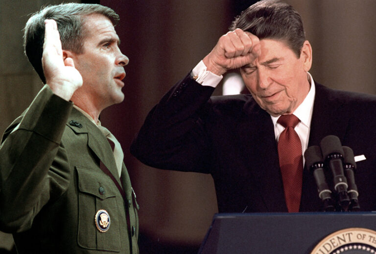 Oliver North; Ronald Reagan (Getty/Chris Wilkins/AP/Photo montage by Salon)