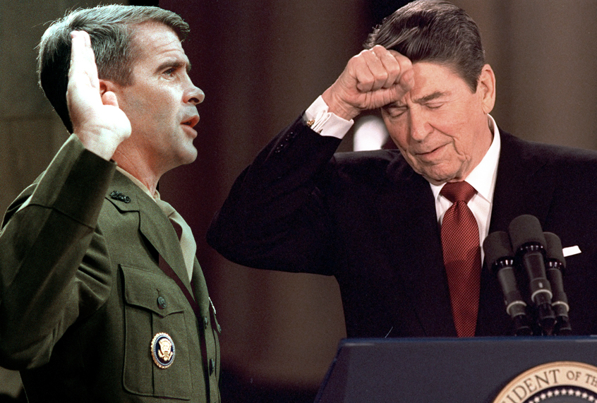 Oliver North; Ronald Reagan (Getty/Chris Wilkins/AP/Photo montage by Salon)