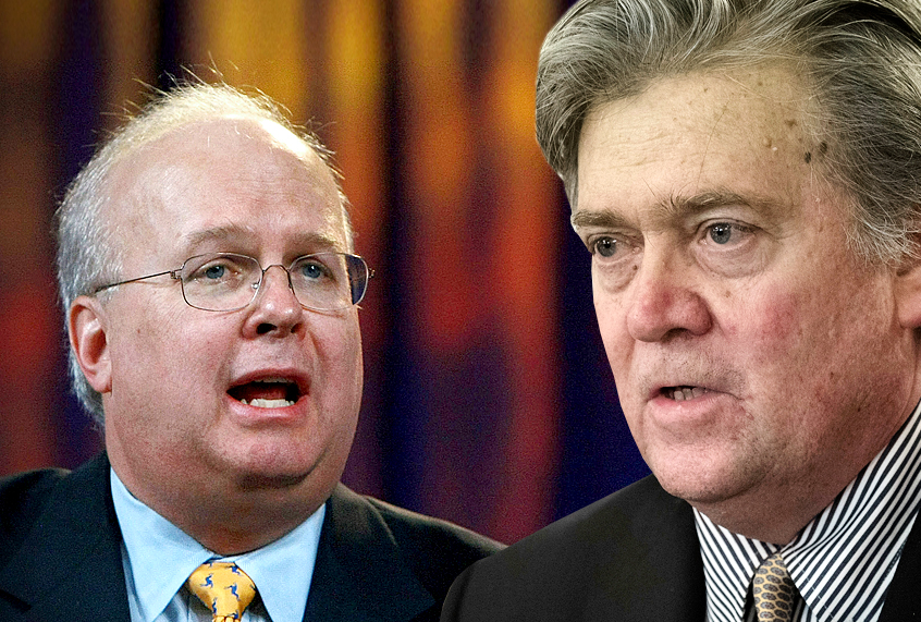 Karl Rove; Steve Bannon (Getty/Justin Sullivan/Win McNamee/Photo montage by Salon)