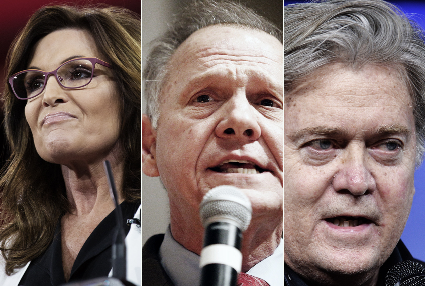 Sarah Palin; Roy Moore; Steve Bannon (Jeff Malet, maletphoto.com/Getty/AP)