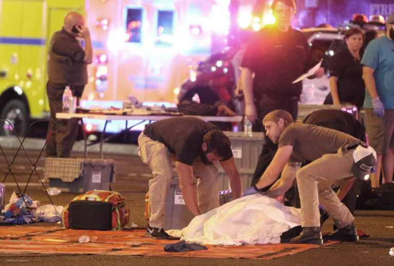 Atmosphere in the immediate aftermath of the mass shooting on the Las Vegas Strip in Las Vegas, Nevada on Sunday, October 1st, 2017 (AP/Star Max)