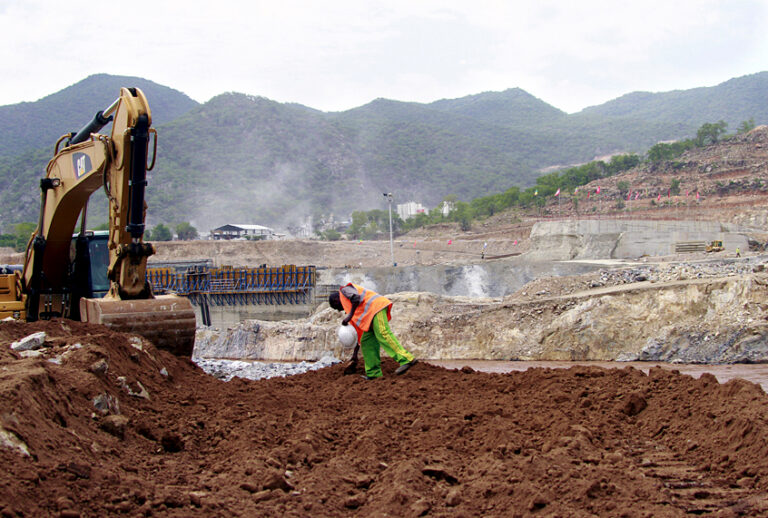 Construction work takes place at the site of the Grand Ethiopian Renaissance Dam in Ethiopia. (AP/Elias Asmare)