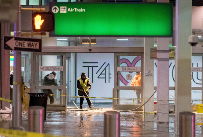 Workers sweep water from a floor of the arrivals area at John F. Kennedy International Airport's terminal 4 on January 7, 2018. (Getty/Jewel Samad)