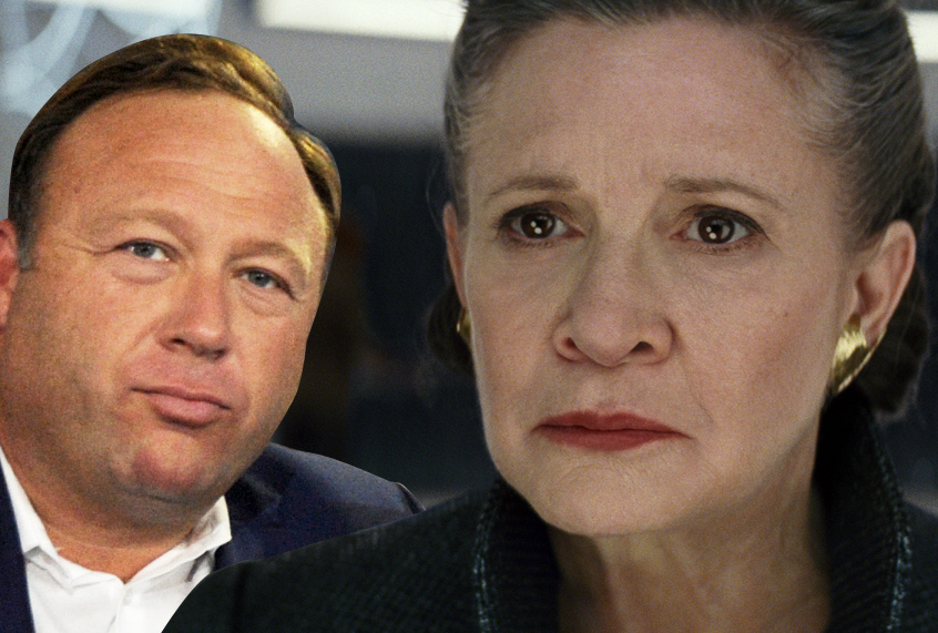 Alex Jones; Carrie Fisher as General Leia Organa in "Star Wars: The Last Jedi" (Getty/Ben Jackson/Lucas Films)