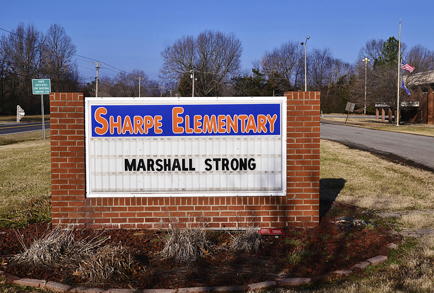 A sign displays "Marshall Strong" at Sharpe Elementary in Marshall County, Jan. 24, 2018, in Sharpe, Ky., a day after a fatal school shooting at nearby Marshall County High School. (AP/Stephen Lance Dennee)