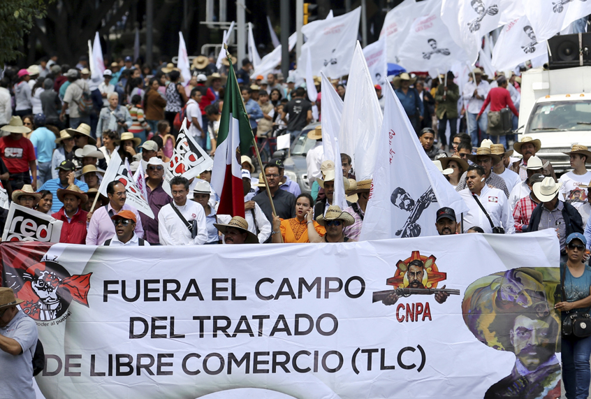 Farmers march with a sign that reads "Remove farming from NAFTA" in Mexico City. (AP/Gustavo Martinez Contreras)