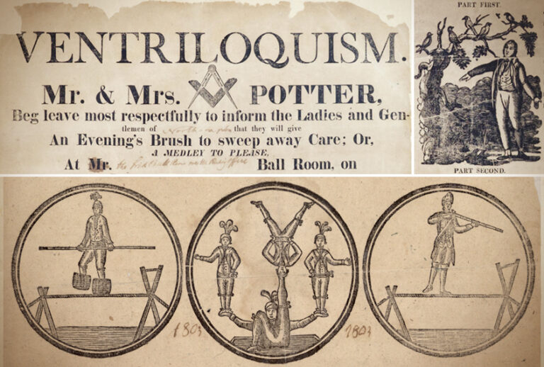Details of broadsides advertising performances by Richard Potter and his mentor (Historic Northampton, Massachusetts/American Antiquarian Society)