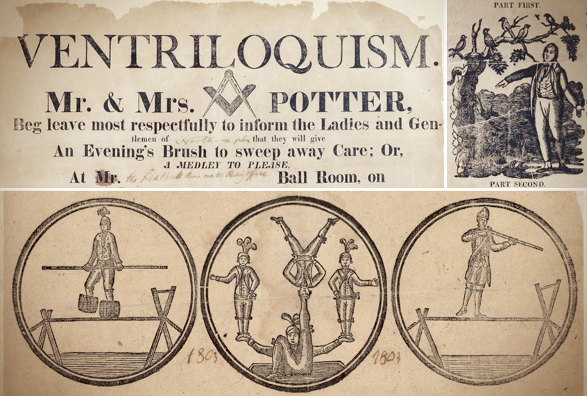 Details of broadsides advertising performances by Richard Potter and his mentor (Historic Northampton, Massachusetts/American Antiquarian Society)