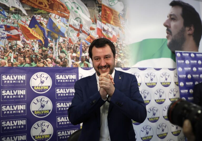 Right-wing, anti-immigrant and euroskeptic League's Matteo Salvini gives a press conference on the preliminary election results, in Milan, Monday, March 5, 2018. (AP Photo/Luca Bruno)