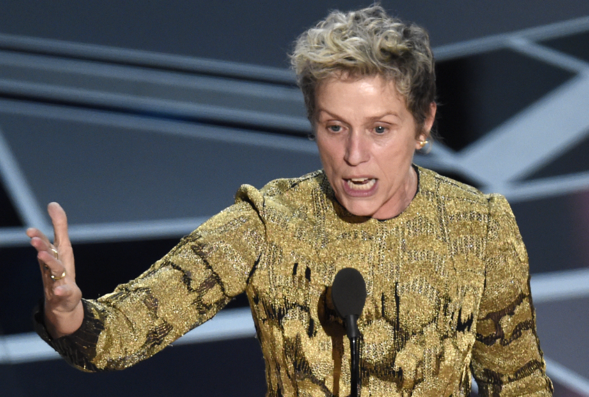 Frances McDormand accepts the award for best performance by an actress in a leading role  at the Oscars on Sunday, March 4, 2018. (AP/Chris Pizzello)