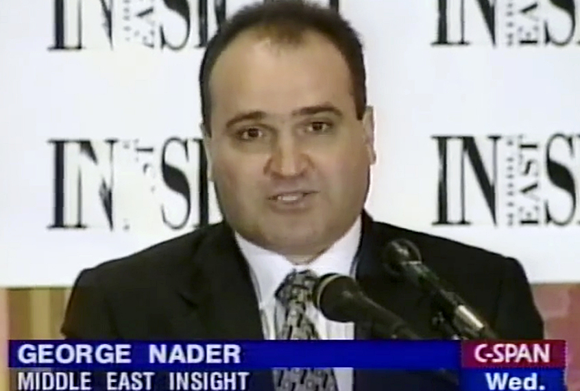 This 1998 frame from video provided by C-SPAN shows George Nader, president and editor of Middle East Insight. (C-SPAN via AP)