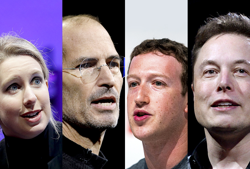 Elizabeth Holmes; Steve Jobs; Mark Zuckerberg; Elon Musk (AP/Getty)