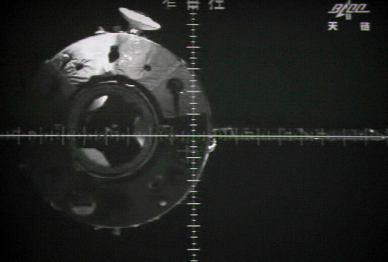 The Tiangong-1 module is seen via a camera in the Shenzhou-9 spacecraft. (STR/Getty)