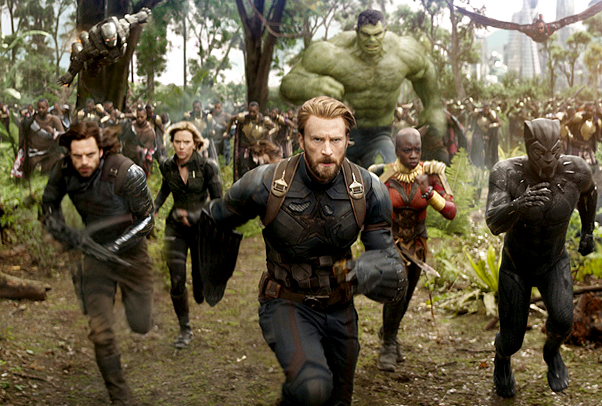 Sebastian Stan as Winter Soldier, Scarlett Johansson as Black Widow, Chris Evans as Captain America, MarkRuffalo as Hulk, Danai Gurira as Okoye, and Chadwick Boseman as Black Panther in "Avengers: Infinity War" (Marvel Studios/Disney)