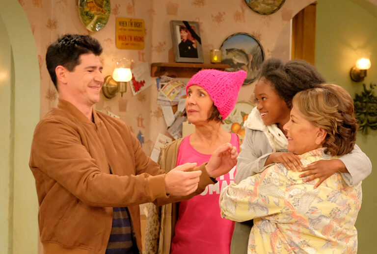 Michael Fishman, Laurie Metcalf, Jayden Rey, and Roseanne Barr on "Roseanne" (ABC/Adam Rose)