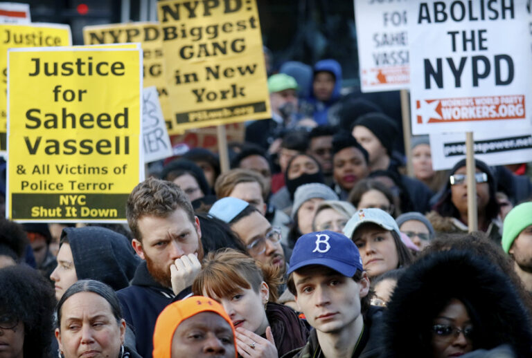 Hundreds rally to protest the fatal police shooting of Saheed Vassell, April 5, 2018, in Brooklyn. (AP/Bebeto Matthews)