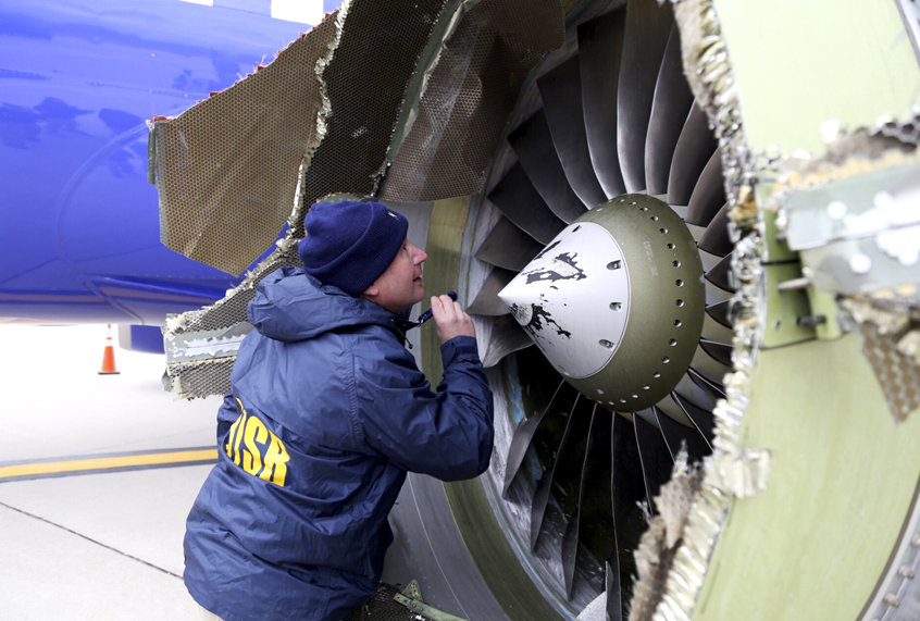 The damaged engine of the Southwest Airlines plane that Tammie Jo Shults landed in an emergency landing at Philadelphia International Airport. (NTSB via AP)