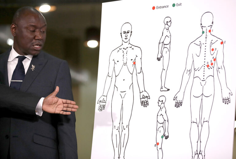 Attorney Ben Crump looks at a diagram showing gunshot wounds to Stephon Clark during a news conference at the Southside Christian Center on March 30, 2018 in Sacramento, California. (Getty/Justin Sullivan)