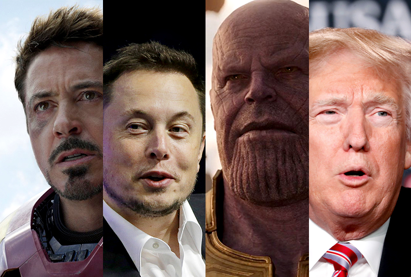 Robert Downey Jr. as Iron Man; Elon Musk; Josh Brolin as Thanos; Donald Trump (Marvel Studios/AP Photo)