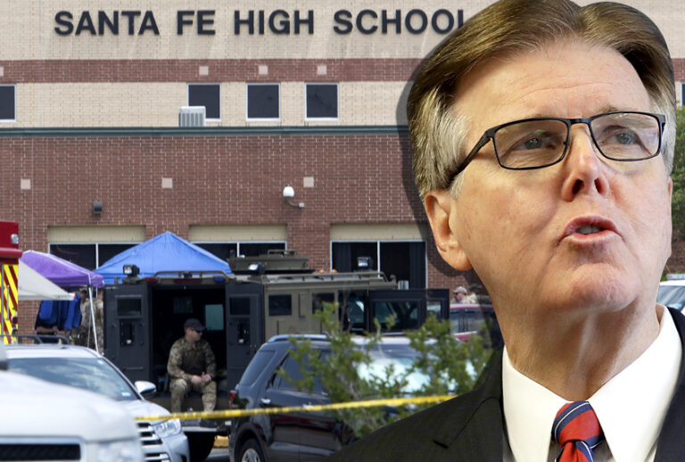 Dan Patrick; Emergency crews gather in the parking lot of Santa Fe High School (AP/Eric Gay/Getty/Daniel Kramer)