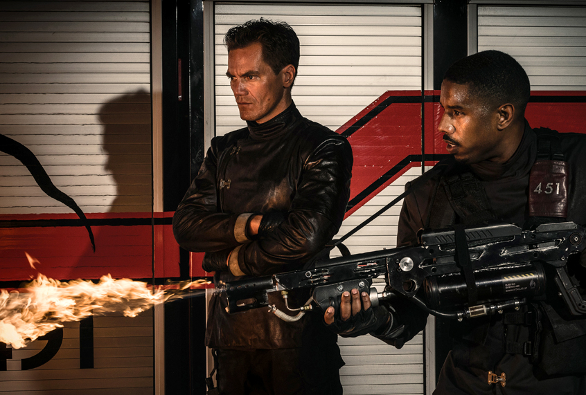Michael Shannon and Michael B. Jordan in "Fahrenheit 451" (Michael Gibson/HBO)