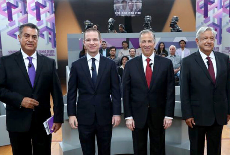 Presidential candidates Jaime Rodriguez, Ricardo Anaya, Jose Antonio Meade, and Andres Manuel Lopez Obrador attend the second of three debates, on Sunday, May 20, 2018. (INE via AP)