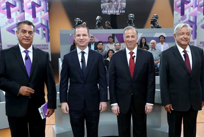 Presidential candidates Jaime Rodriguez, Ricardo Anaya, Jose Antonio Meade, and Andres Manuel Lopez Obrador attend the second of three debates, on Sunday, May 20, 2018. (INE via AP)