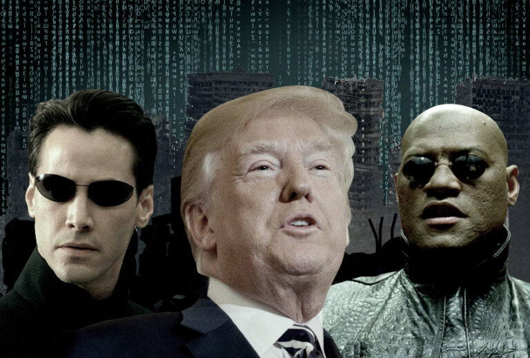 Keanu Reeves as Neo; Donald Trump; Laurence Fishburne as Morpheus (AP/Getty/Warner Bros. Pictures/Photo Montage by Salon)