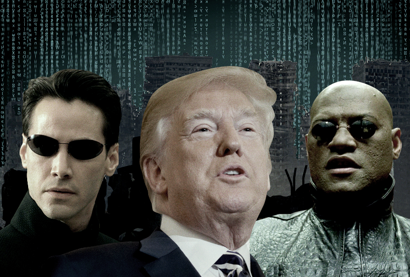 Keanu Reeves as Neo; Donald Trump; Laurence Fishburne as Morpheus (AP/Getty/Warner Bros. Pictures/Photo Montage by Salon)