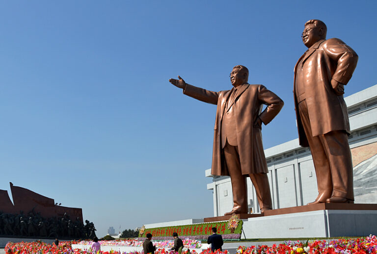 Colossal bronzes of the Great Leader Kim Il-sung and the Dear Leader Kim Jong-il dominate the Mansu Hill district of Pyongyang.