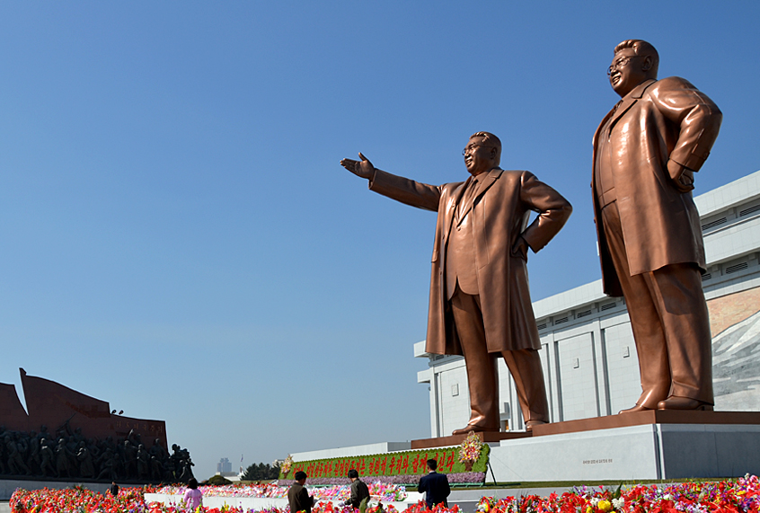 Colossal bronzes of the Great Leader Kim Il-sung and the Dear Leader Kim Jong-il dominate the Mansu Hill district of Pyongyang.