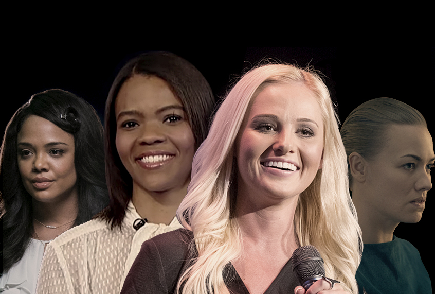 Tessa Thompson as Rikki Carter; Candace Owen; Tom Lahren; Yvonne Strahovski as Serena Joy (Netflix/YouTube/AP/Hulu)
