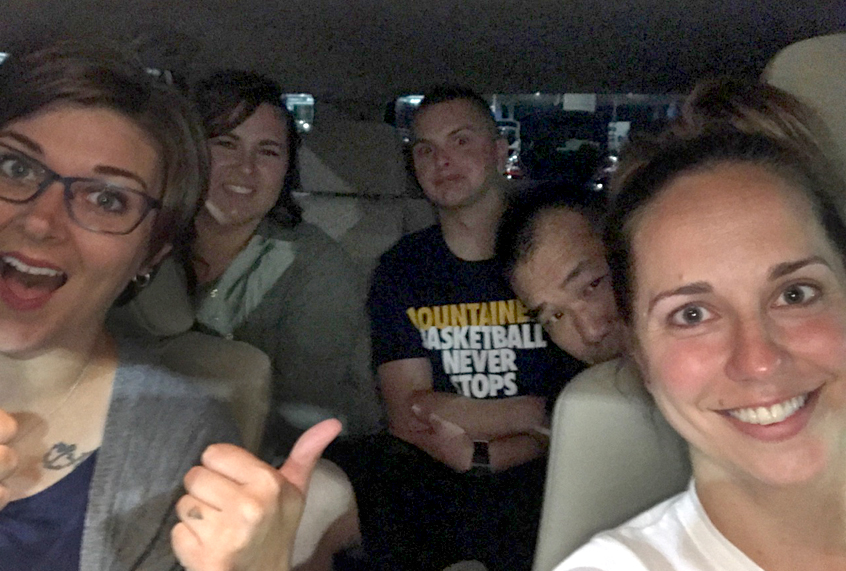The author at the wheel, with Sydney in the front seat, Melanie, Dalton, and Taichi in back (Courtesy of the author)