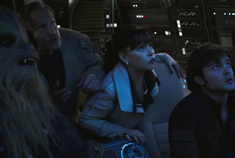 Woody Harrelson, Alden Ehrenreich, Emilia Clarke, and Joonas Suotamo in "Solo: A Star Wars Story" (Lucasfilm Ltd.)
