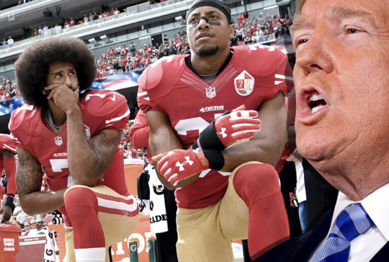 Colin Kaepernick and Eric Reid of the San Francisco 49ers kneel during the national anthem. (Getty/Chip Somodevilla/Thearon W. Henderson)