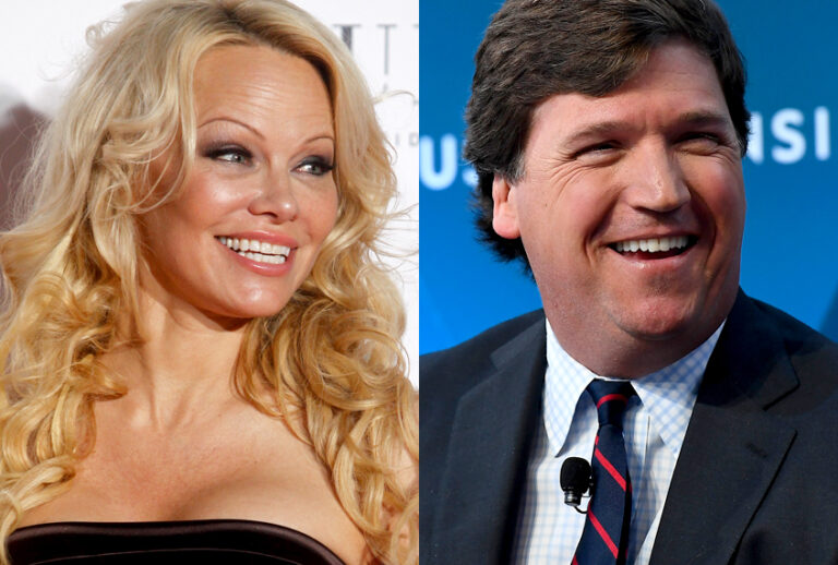 Pamela Anderson; Tucker Carlson (AP/Jimmy Olsen/Getty/Roy Rochlin)