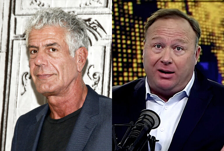 Anthony Bourdain; Alex Jones (AP/Andy Kropa/YouTube/The Alex Jones Channel)