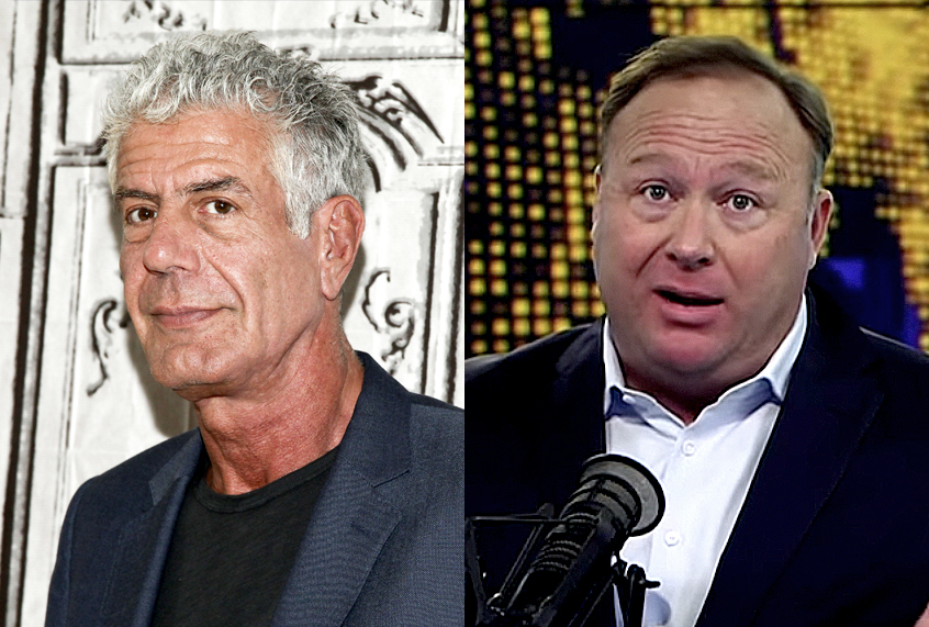 Anthony Bourdain; Alex Jones (AP/Andy Kropa/YouTube/The Alex Jones Channel)