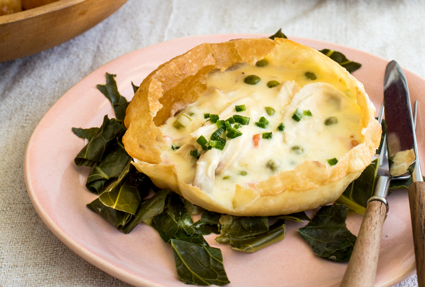 Chicken-Green Chile Potpie in Puffy Tortilla Shells (Angie Mosier)