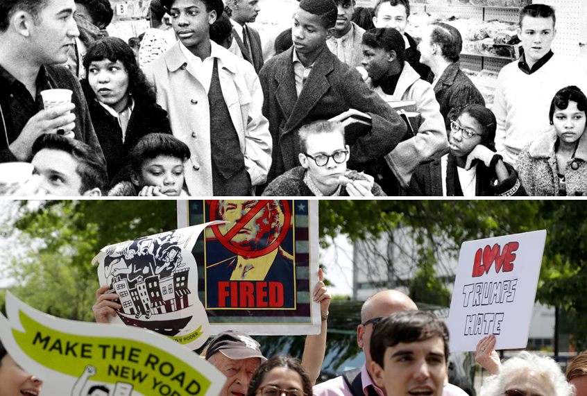 Lunch counter sit in protest, 1960; Anti Trump protest, 2018 (AP/Mark Lennihan)