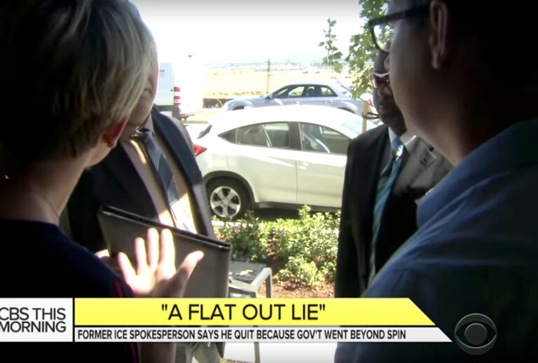 Jamie Yuccas and former ICE spokesman, James Schwab, open the door to Homeland Security agents during an interview. (CBS This Morning)