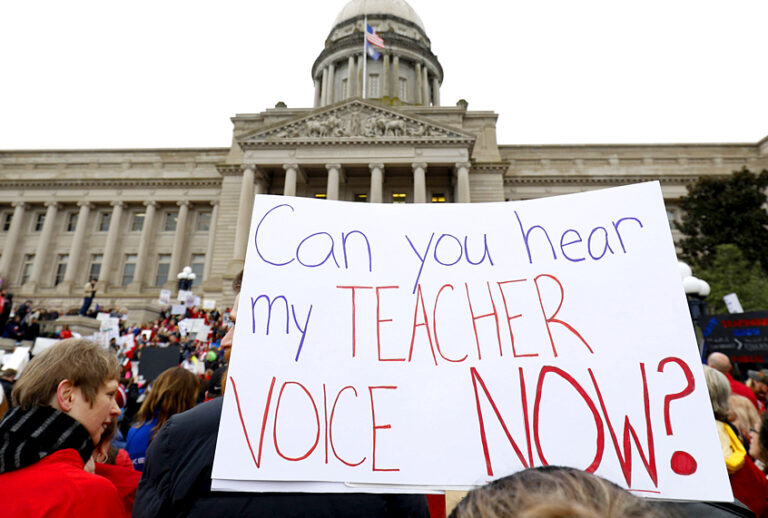 Public school teachers and their supporters protest against a pension reform bill at the Kentucky State Capitol. (Getty/Bill Pugliano)