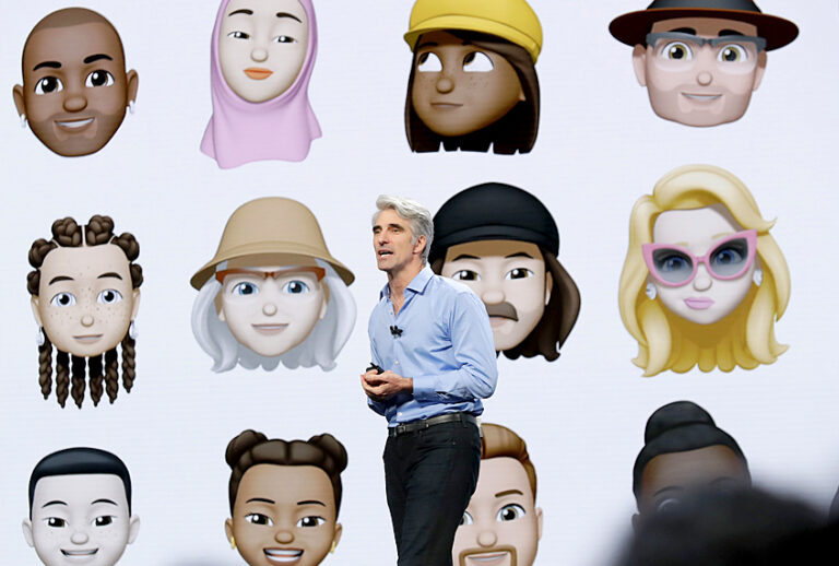 Craig Federighi, Apple's senior vice president of Software Engineering, shows Memoji during the Apple Worldwide Developers Conference, June 4, 2018. (AP/Marcio Jose Sanchez)